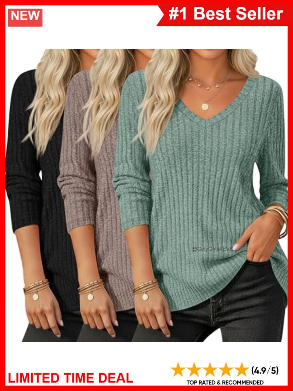 Women's Long Sleeve Ribbed Tunic Sweaters 3 Pack V Neck Pullover